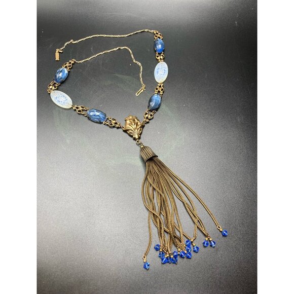 Sadie Green Etched Glass Beads Necklace Blue Gold Foxtail Chain Tassel Nouveau - Picture 2 of 11